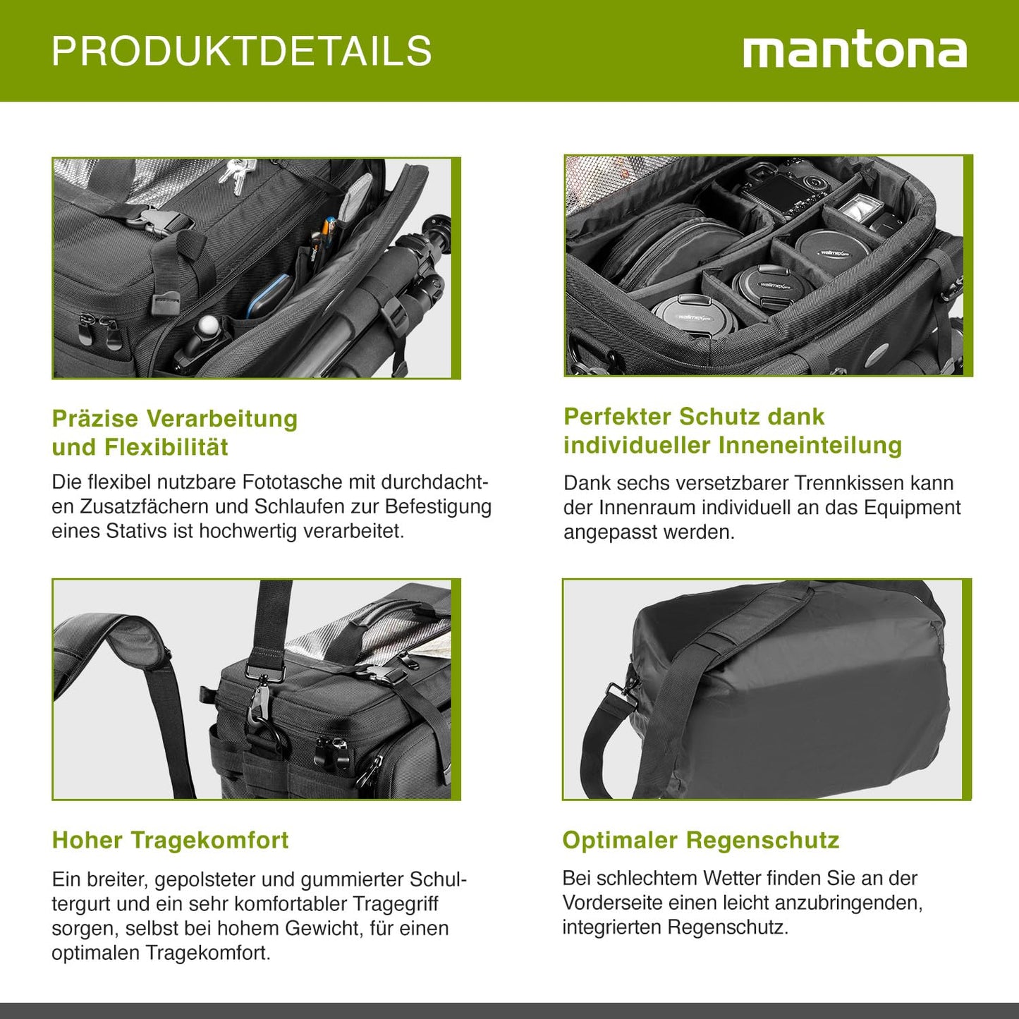 Mantona New York camera bag with internal compartments. Ideal for lenses, mirrorless cameras, and DSLRs. Provides storage for camera accessories, with rain cover and shoulder strap.