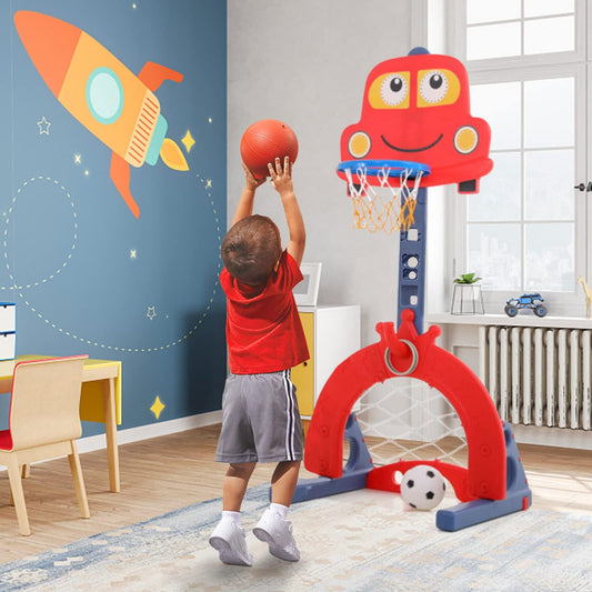 Kids Basketball Hoop Stand, Adjustable Height from 124 to 178 cm. Basketball set with adjustable hoop, soccer goal, and ball games. Interactive learning toy for babies, toddlers (red).