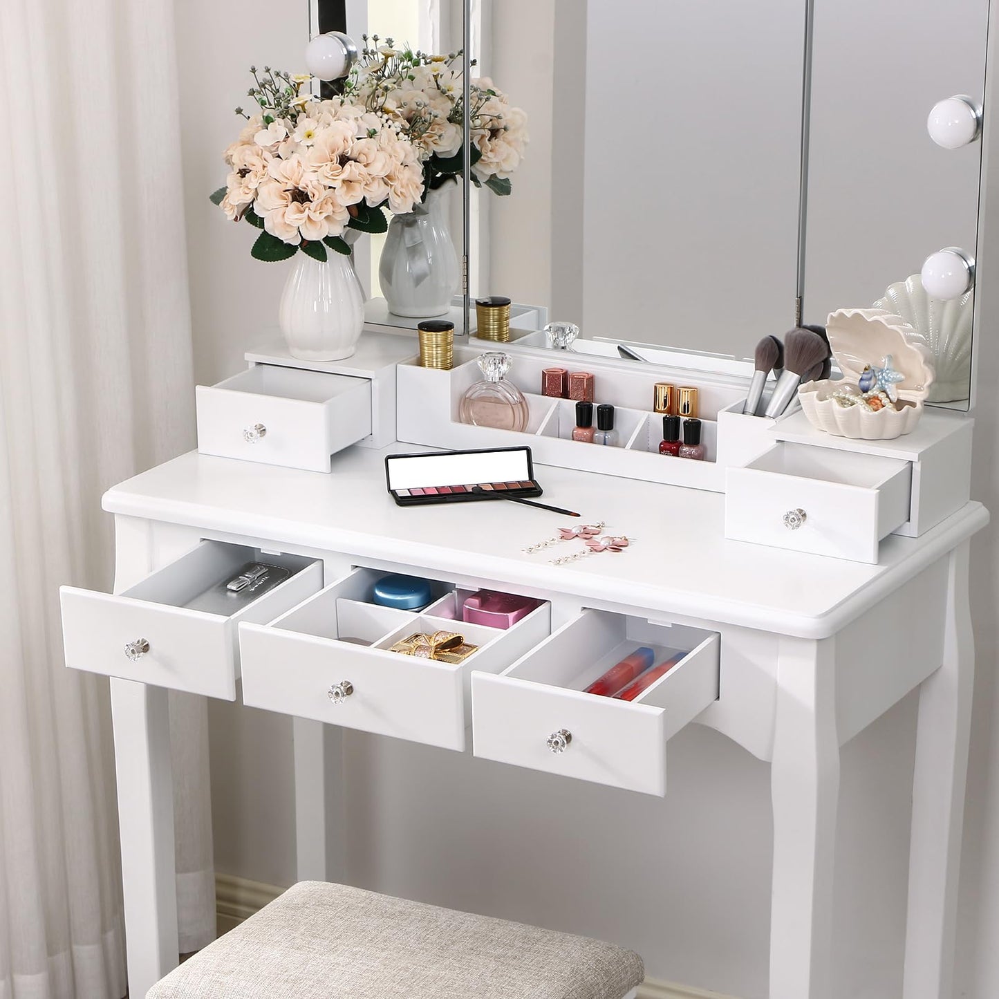 ANWBROAD Vanity Table with Lighted Mirror Tri-Folding Makeup Vanity Set 10 LED Bulbs 5 Drawers 2 DIY Dividers Cushioned Stool Removable Organizer White BDT05W