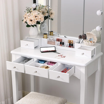 ANWBROAD Vanity Table with Lighted Mirror Tri-Folding Makeup Vanity Set 10 LED Bulbs 5 Drawers 2 DIY Dividers Cushioned Stool Removable Organizer White BDT05W