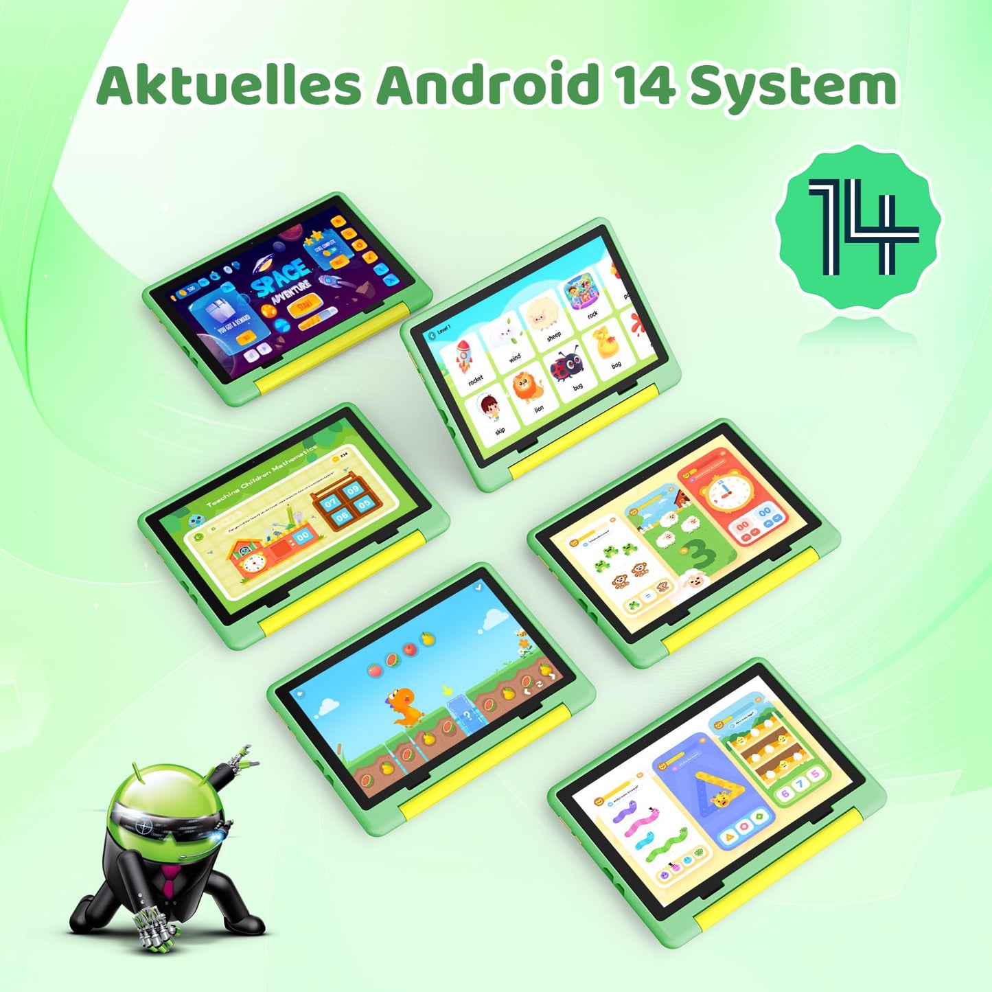 Angel Android 14 Kids Tablet, Octa-Core Processor Tablet for Kids, 14GB+64GB, 5000mAh, Parental Control, WiFi 6, Bluetooth 5.3, Kid-Friendly Case (green)