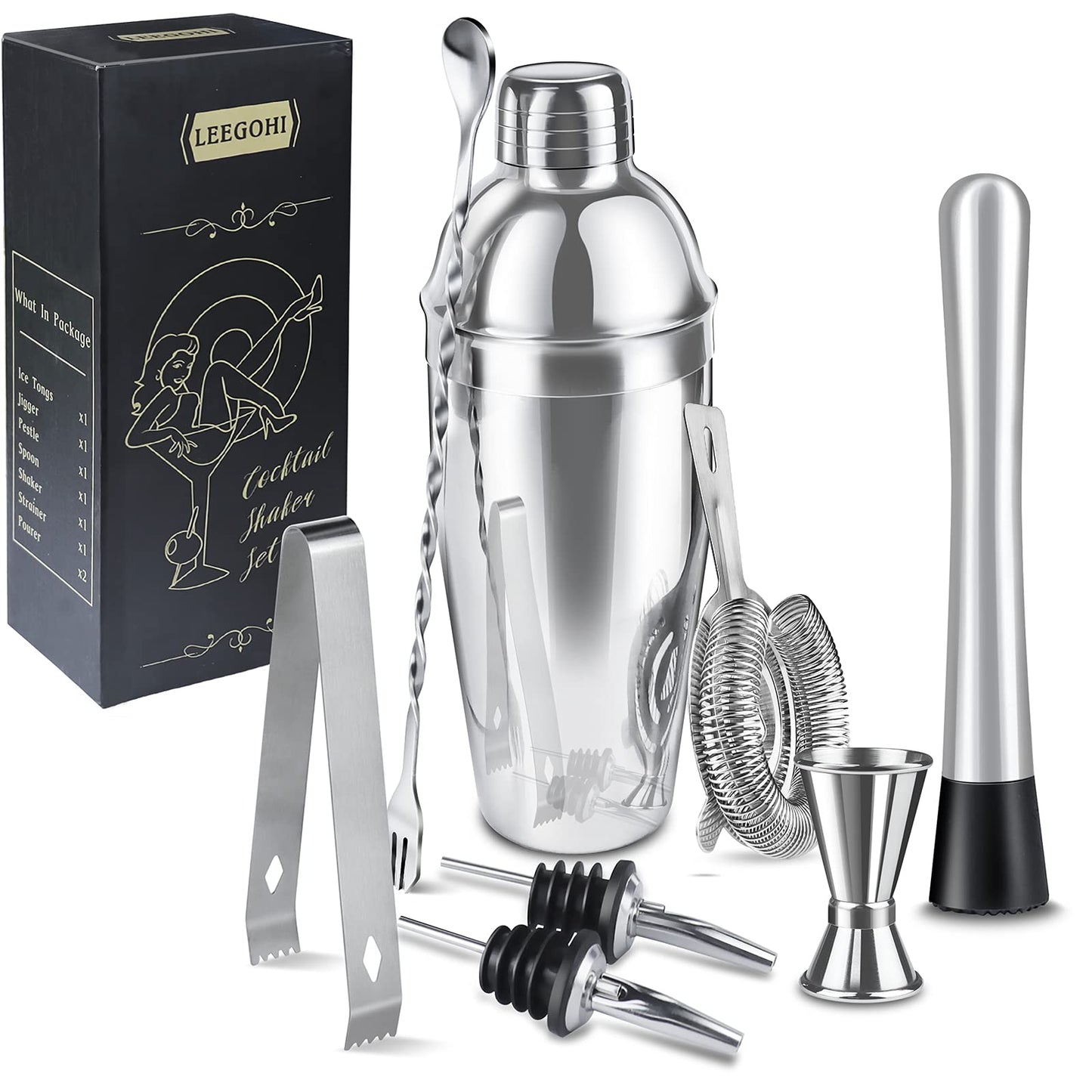 Cocktail Shaker Set | 304 Stainless Steel Cocktail Mixing Set | 750ml Cocktail Mixer 8 Piece Bartender Gift Set with Cocktail Accessories - Measuring Cup and Bar Spoon Ideal for Home & Bar