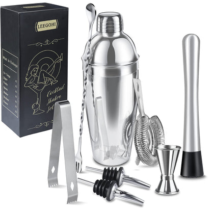 Cocktail Shaker Set | 304 Stainless Steel Cocktail Mixing Set | 750ml Cocktail Mixer 8 Piece Bartender Gift Set with Cocktail Accessories - Measuring Cup and Bar Spoon Ideal for Home & Bar