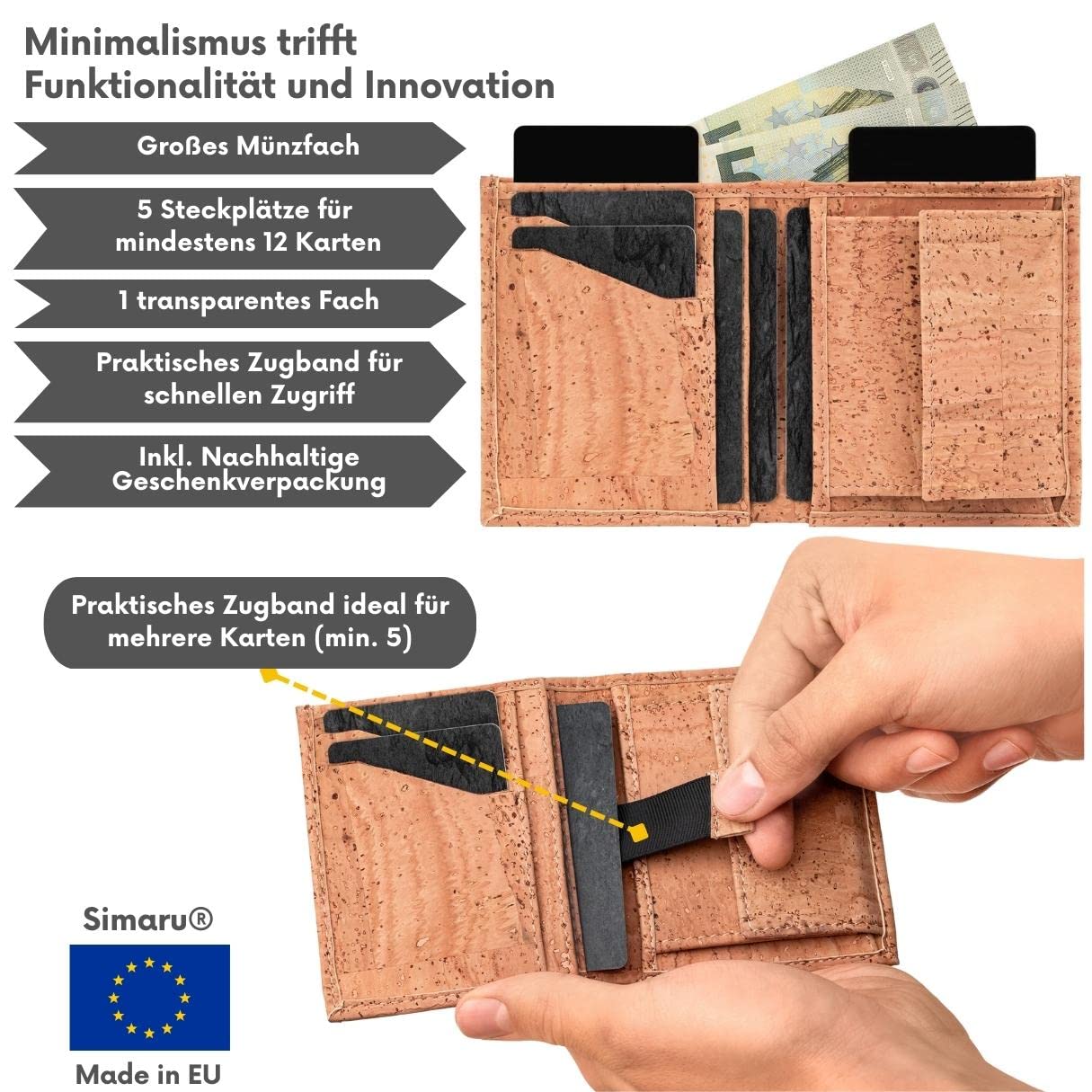 Simaru Cork Wallet for Women & Men, RFID-blocking purse, vegan, sustainable & durable, 5+ card slots with pull tab.