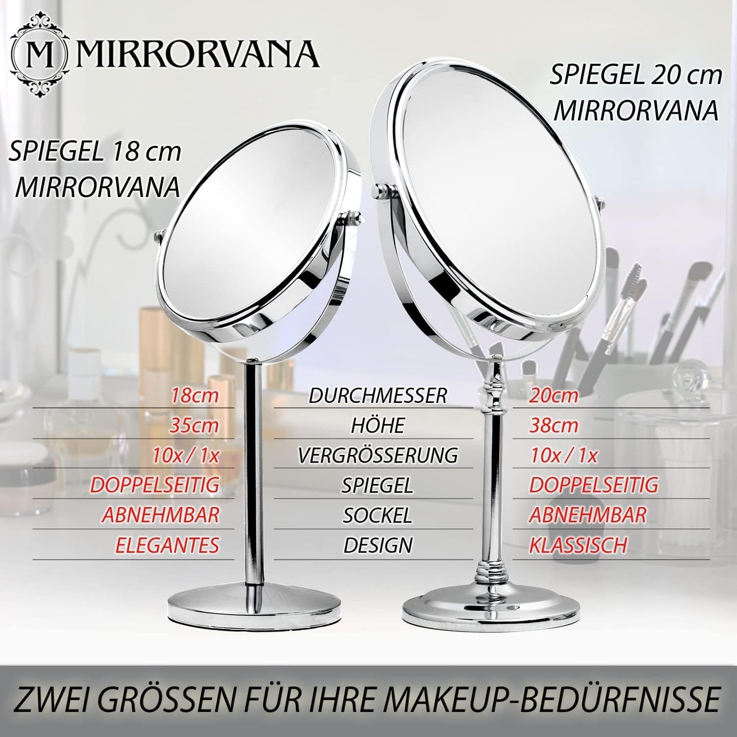 Mirrorvana cosmetic mirror with 10x magnification, double-sided tabletop mirror 360° swivel, makeup mirror 10x and 1x for bathroom, standing mirror 20 cm