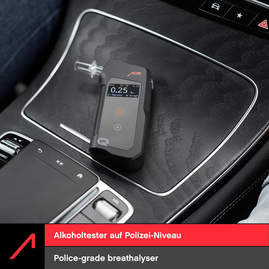 ACE Q Alcohol Tester - Breathalyzer with memory and OLED display - police-calibrated accuracy - Alcohol tester for car and parties.