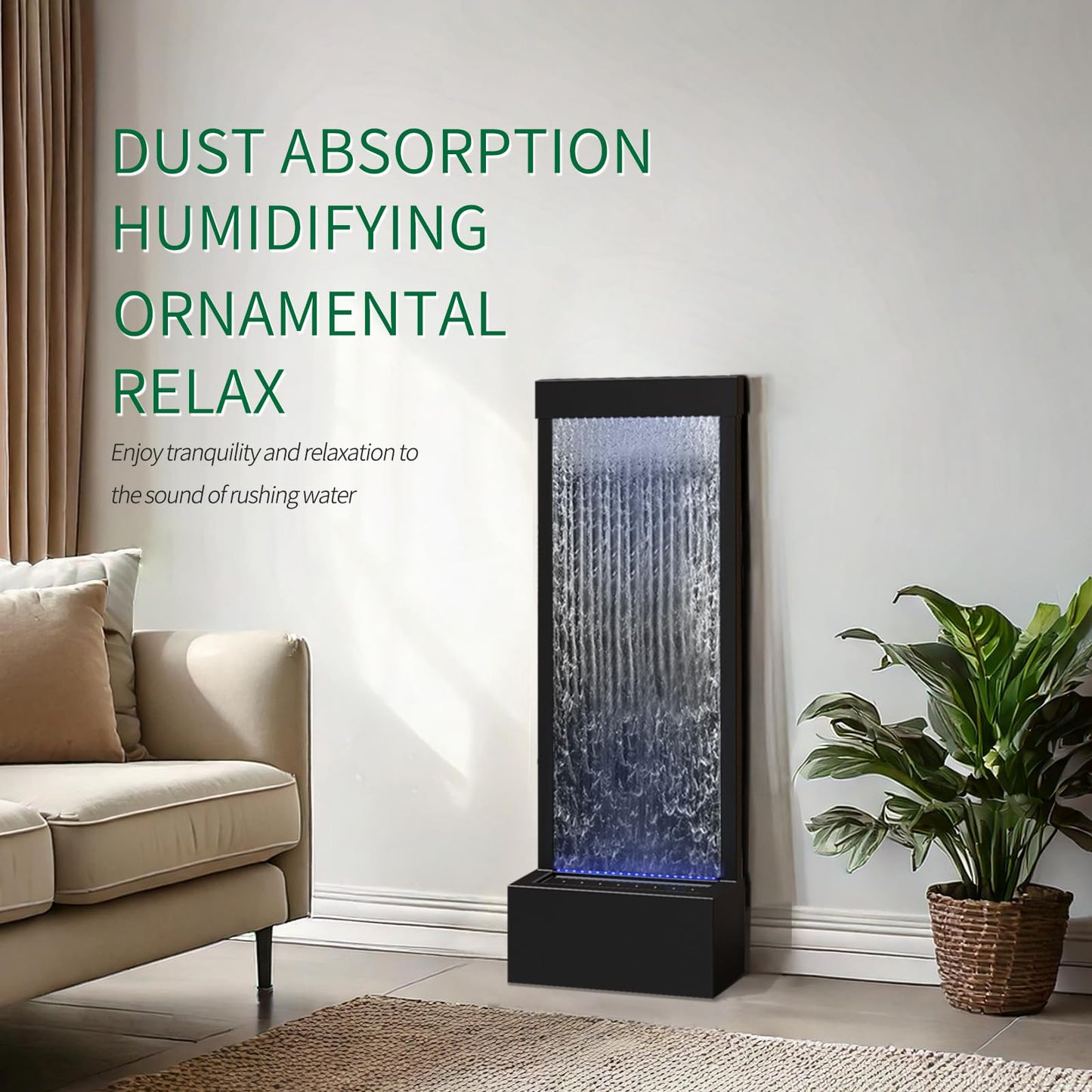 LONGRUN Garden Fountain Large, Indoor Waterfall Fountain with APP Control LED Lighting, 45.5x20x123cm Stainless Steel Garden Water Wall with Pump, Modern Decorative Fountain Waterfall - Black