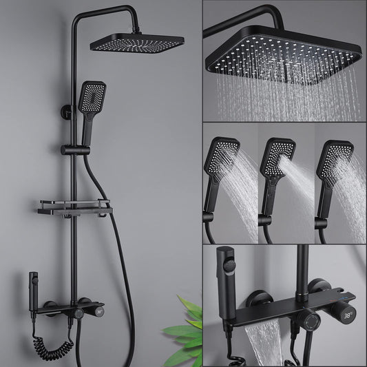Black shower set with rain shower and hand shower, adjustable shower bar, shower set without thermostat (LED display)