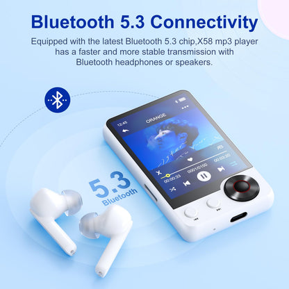 128GB MP3 player with Bluetooth 5.3, 2.4" touchscreen, HiFi digital audio music player with dual headphone jacks, built-in HD speaker, voice recorder, FM radio, supports up to 128GB.