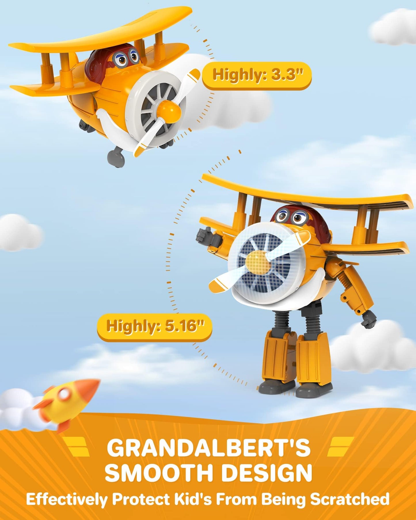 Super Wings Transforming Grand Albert toy plane and robot figure. Convertible figure and robot from the animated series. Suitable for children aged 3 years and up. 12 cm, orange.