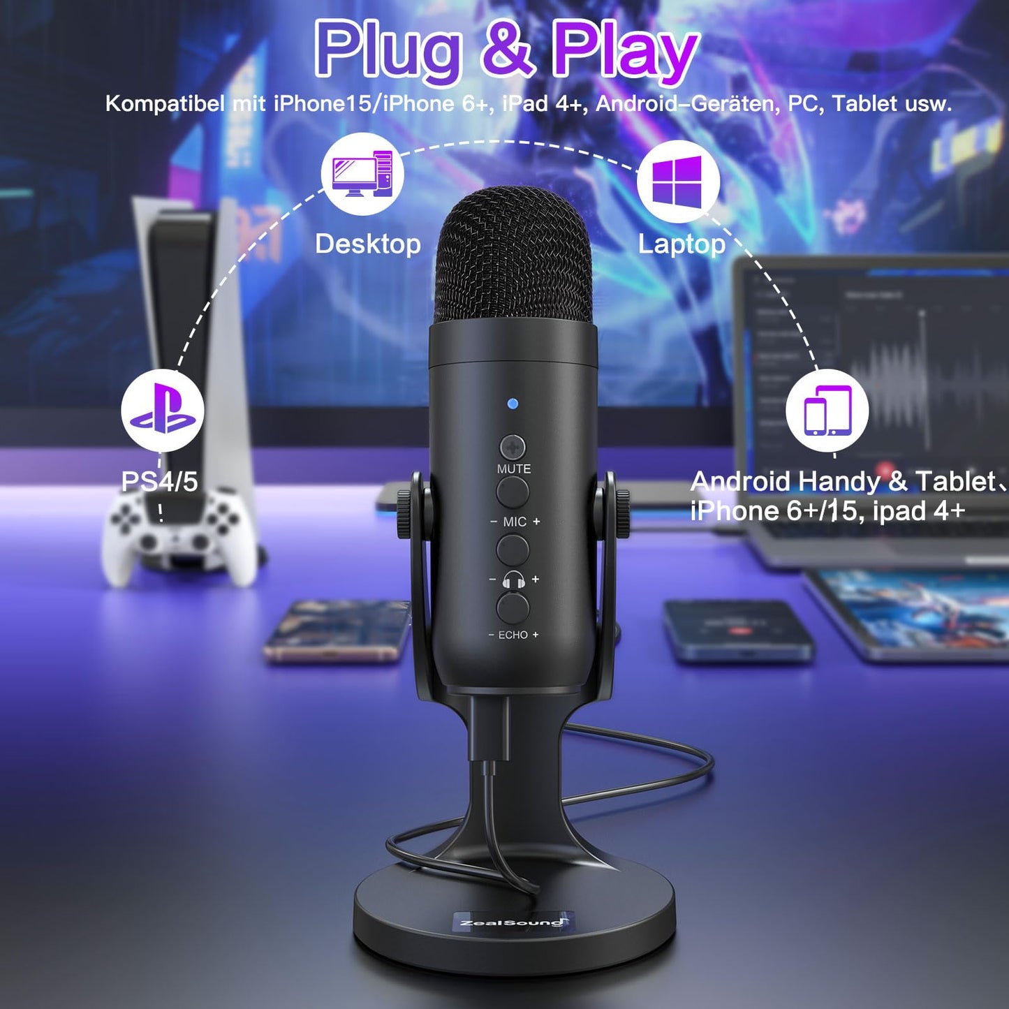 ZealSound USB Microphone, Plug & Play Condenser Mic for PC/iPhone/phone with Noise Cancellation & Mute - for Podcasts, Streamers, Gamers, YouTube, ASMR on Mac Windows PS5 - incl. USB-C & Lightning Adapter