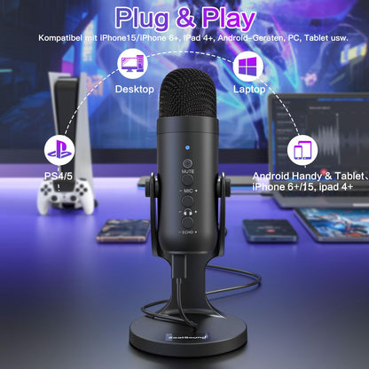 ZealSound USB Microphone, Plug & Play Condenser Mic for PC/iPhone/phone with Noise Cancellation & Mute - for Podcasts, Streamers, Gamers, YouTube, ASMR on Mac Windows PS5 - incl. USB-C & Lightning Adapter