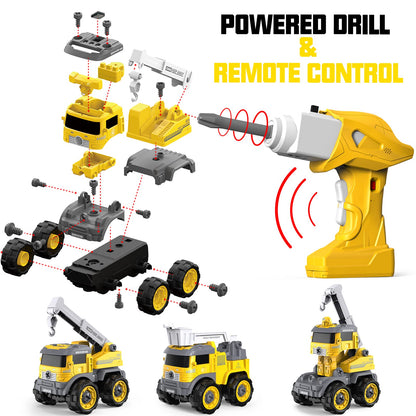 Remote-controlled excavator and tractor toy set for children from 3 years, DIY RC construction vehicles with crane, light & sound - Perfect as a gift for siblings.