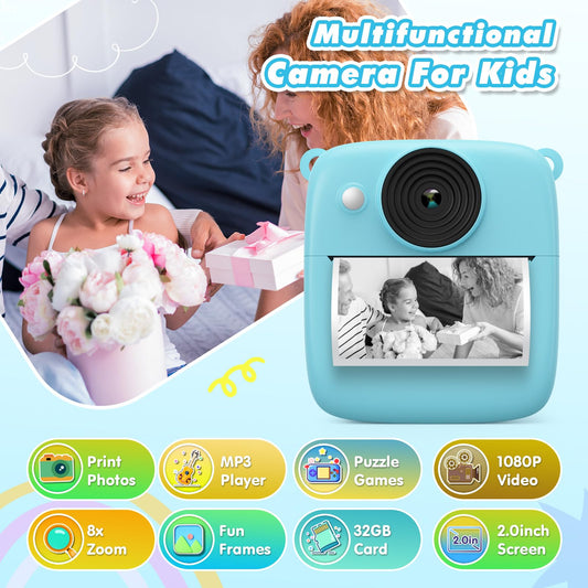 CalineGam Kids Camera Instant Camera, 48MP Instant Camera for Kids with 32GB card & printing paper, 1080P Digital Camera for Kids, Gifts for Boys and Girls 3-12 years old (Blue)