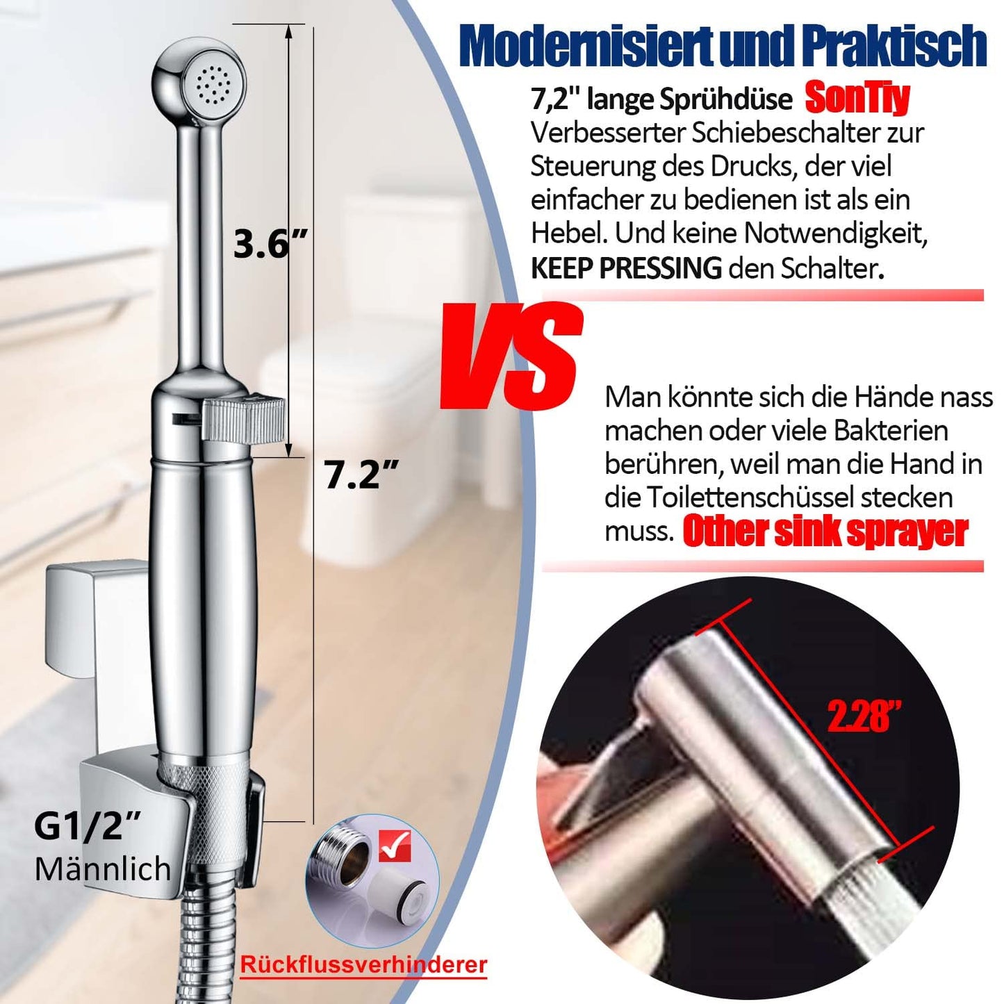 Brass bidet hand shower set, SonTiy toilet bidet attachment washing shower head with adjustable pressure & holder, hose chrome bidet fixtures for WC, personal hygiene & diaper cleaning.