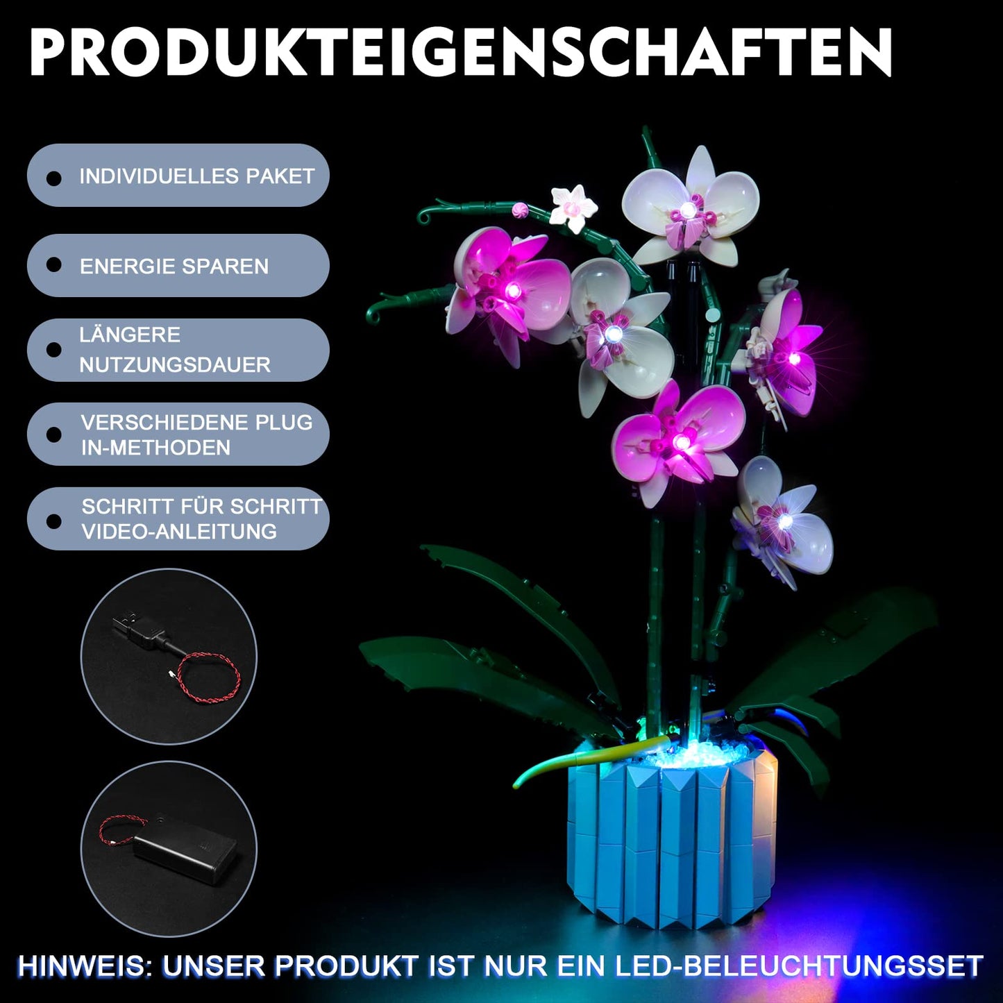 BrickBling light set compatible with Lego Orchid decoration LED light set, compatible with Lego 10311 Orchid Botanical Collection set (lights only, bricks not included) - light control version.