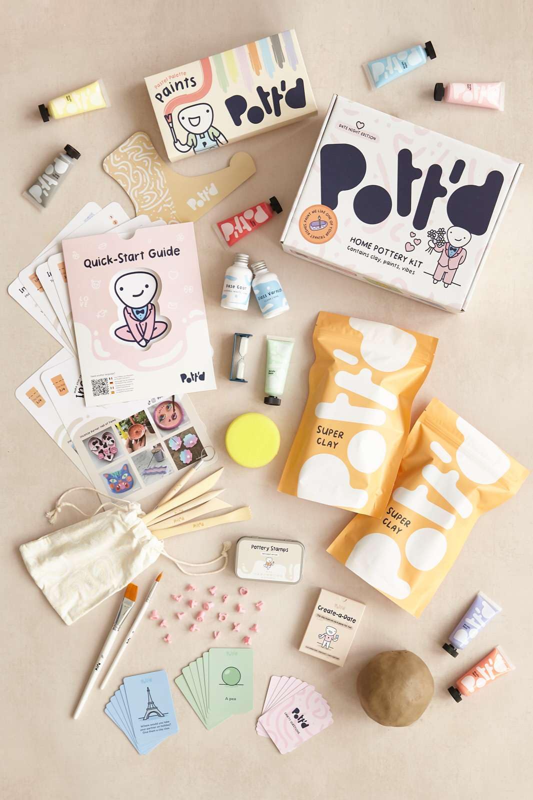 Pottery clay set for beginners at home - air drying. DIY kit for adults. Includes: air drying clay, tools, paints, brushes, sealant, instructions.