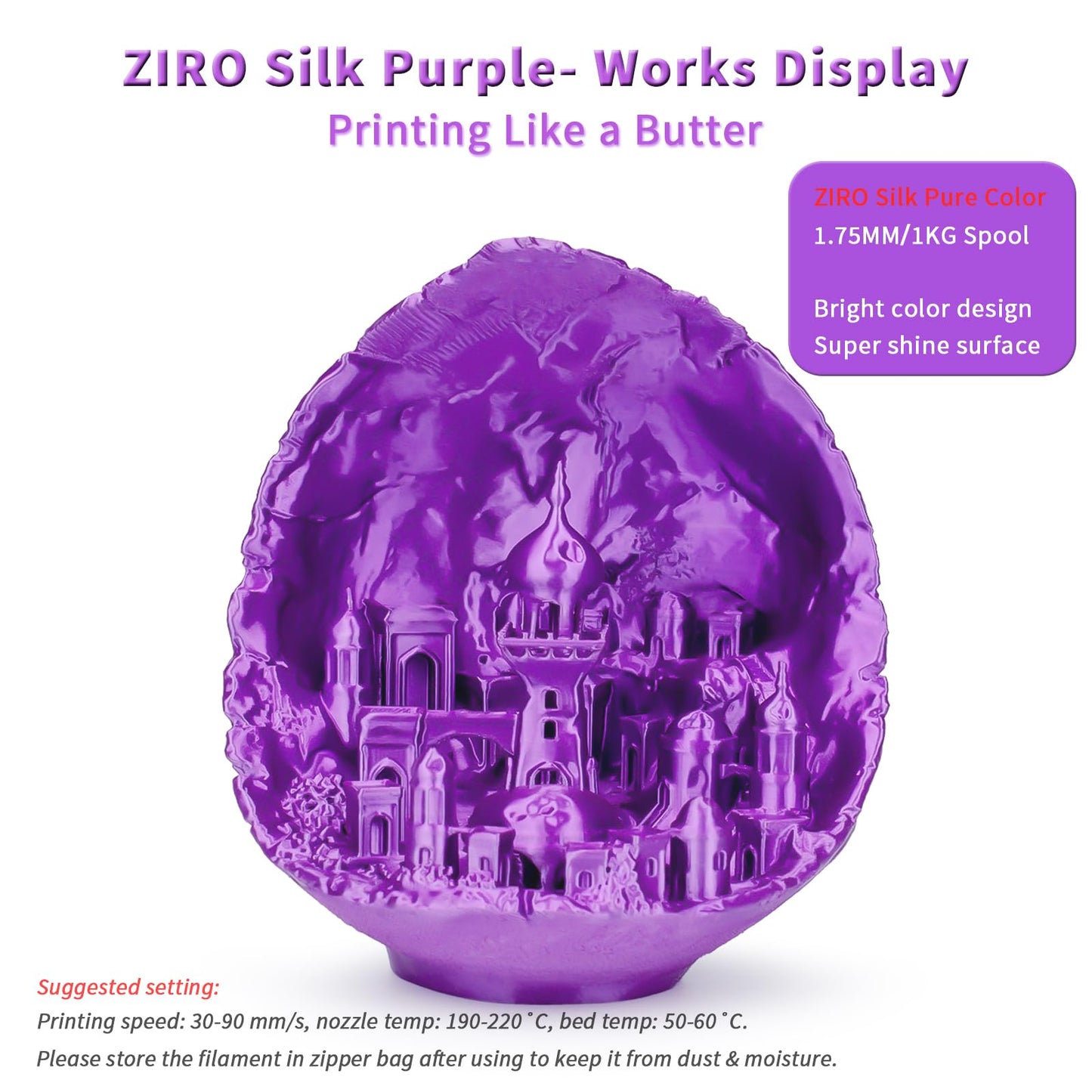 ZIRO Silk PLA 1.75mm Filament, 3D printer filament from the Silk PLA series 1.75mm 1kg, diameter tolerance at +/-0.03mm, Purple