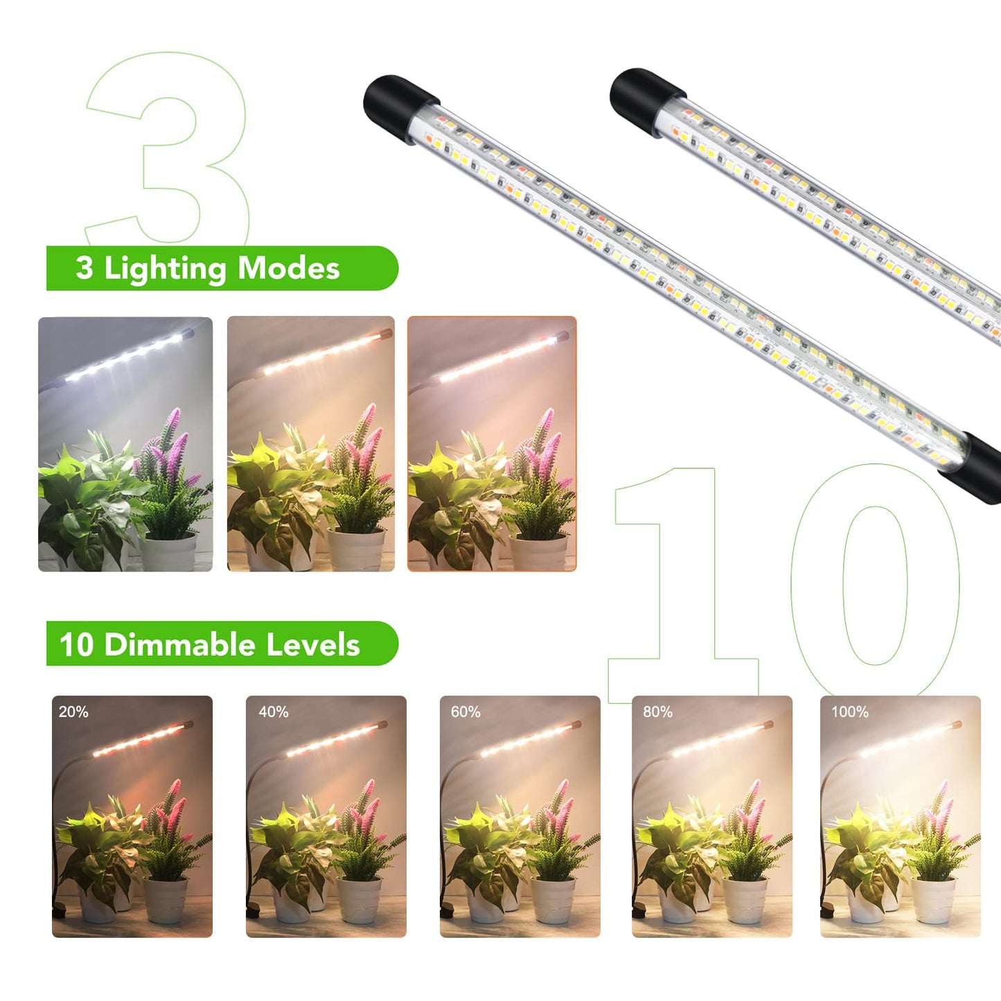 COKOLILA 2 Heads Plant Lamp LED, 160 LEDs Full Spectrum Plant Light, 3000K 5000K 660nm Plant Grow Light for Indoor Plants with Timer, 3 Light Modes, perfect for plants (no adapter)