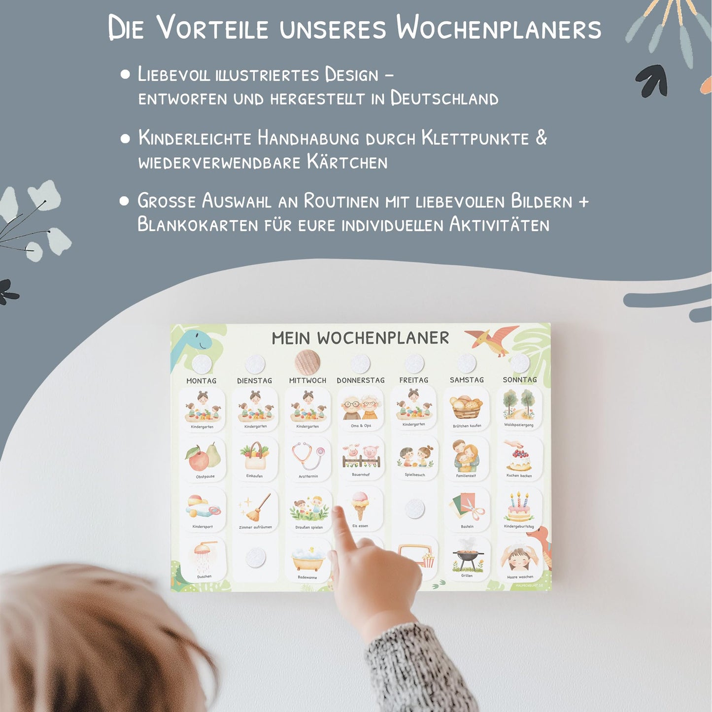 Children's weekly planner with Velcro dots in A4 format, Montessori daily schedule with 350 routine cards - visual routine planner for kids, family planner for more structure in everyday life (dino)