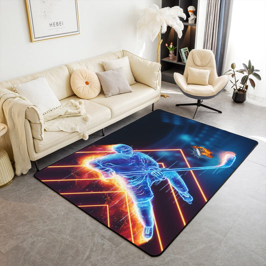 Loussiesd Ice Hockey Living Room Carpets Hockey Player Accent Rug Children Winter Sports Decor Modern Carpet Puck Hockey Indoor Floor Mat Room Decor Carpet 150x200cm