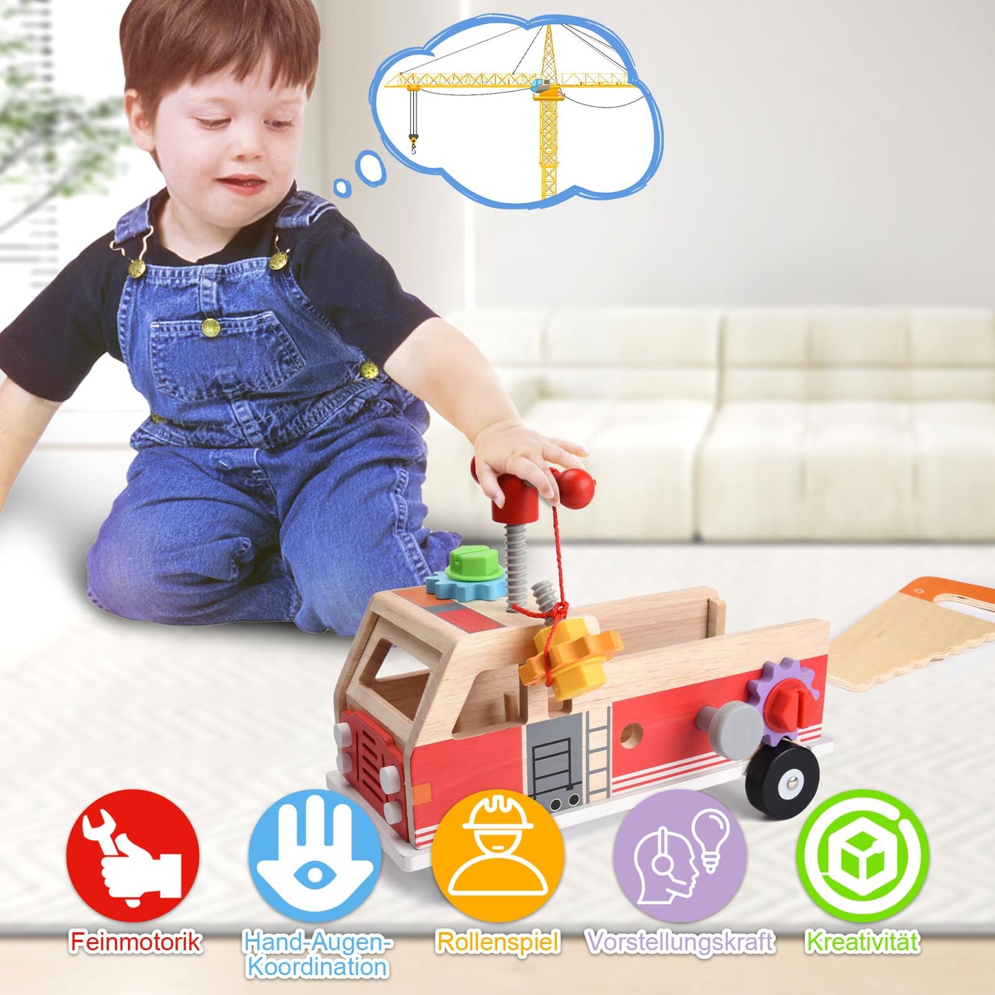 Nauotk Tool Box Children's Workbench, Montessori Wooden Tool Toys for Ages 2 3 4, Kids Tool Cart, Tool Belt Kit Learning Games Gift for Boys Girls 3+ years.