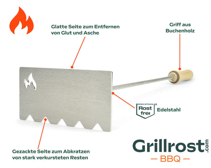 Grillrost.com The Original Stainless Steel Ember Mover Ash Scraper - For Fireplace, Fire Pit, and Tile Stove