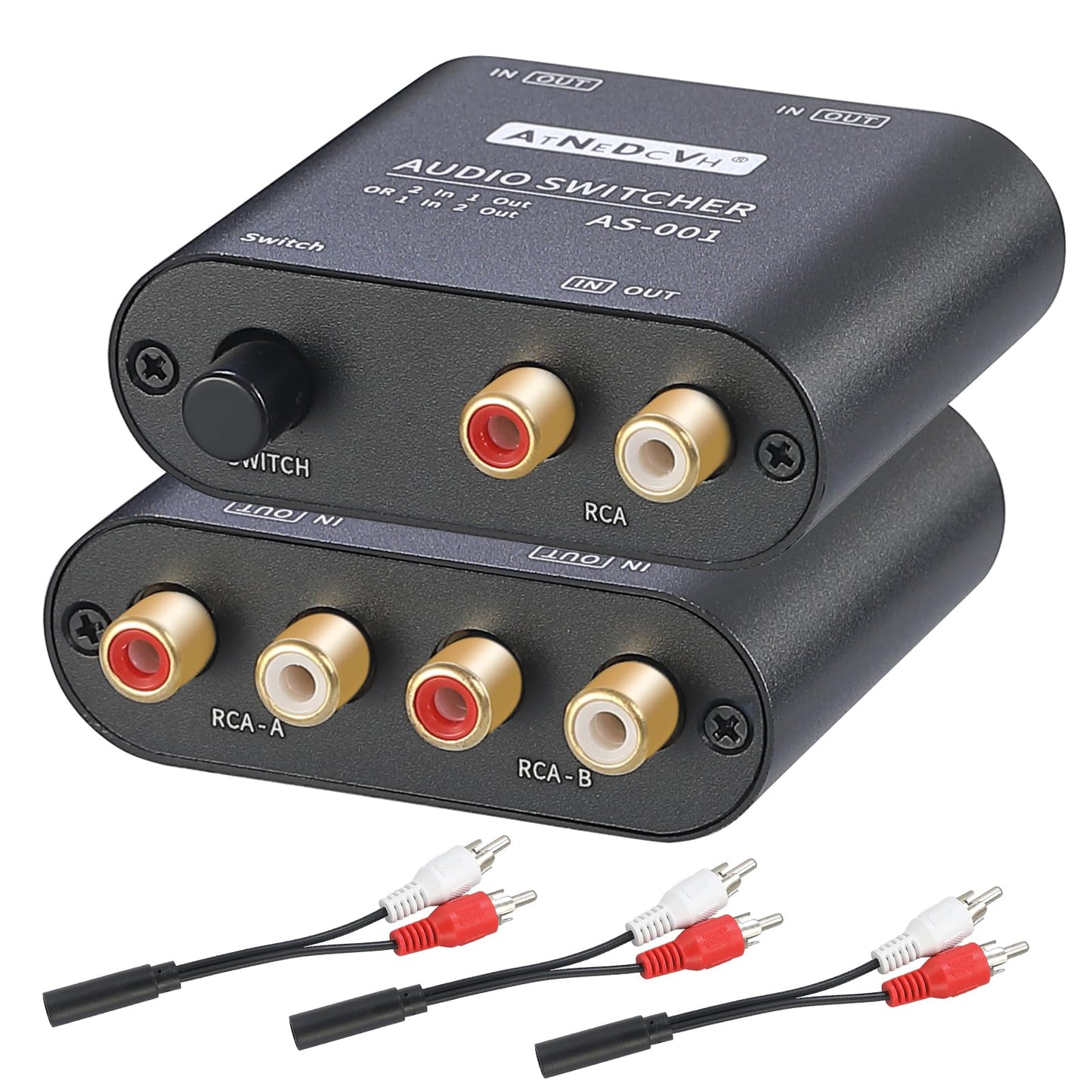 AtNeDcVh 2 Ports 1 Input 2 Output / 2 Input 1 Output bidirectional Audio Switch compatible with RCA 3.5mm connectors, 2-way Stereo K L/R Speaker Headphone Audio Selector Splitter Box