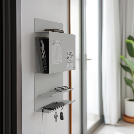 Offer wall organizer Hepe made of steel structure. 30 x 9 x 49 cm 3-in-1 wall shelf with magnetic board and magnets. Board for keys, newspapers, and notes. Gray color.