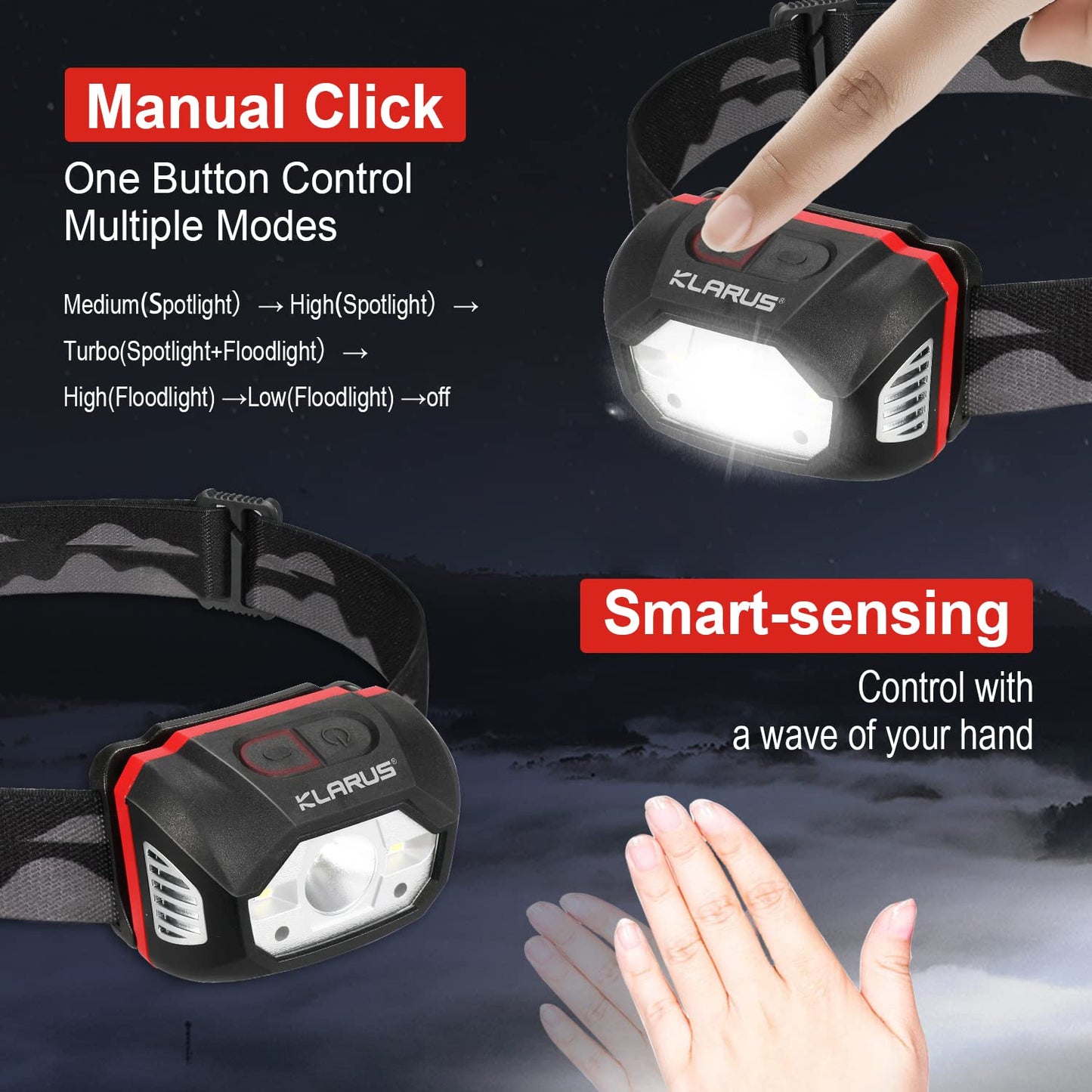 Klarus HM1 440 lumens rechargeable gesture sensor headlamp, 5 modes 70 hours runtime, IPX6 waterproof LED headlamp for running, camping, hiking, hunting (gray).