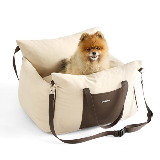 Lesure Dog Car Seat for Small Dogs - waterproof and washable dog car seat with storage pockets, detachable safety leash, and thickened memory foam filling, 58x56x33cm, Beige.