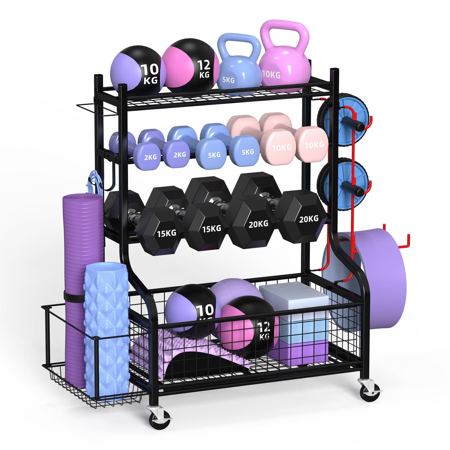 ZACHVO Dumbbell Rack, Multifunctional Stand for Dumbbells, Yoga Mat, Foam Roller, Kettlebell, and Yoga Block. Dumbbell Shelf for Home Gym with 4 Wheels and 8 Hooks.