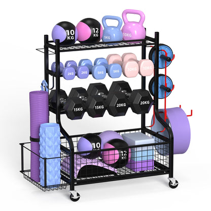 ZACHVO Dumbbell Rack, Multifunctional Stand for Dumbbells, Yoga Mat, Foam Roller, Kettlebell, and Yoga Block. Dumbbell Shelf for Home Gym with 4 Wheels and 8 Hooks.