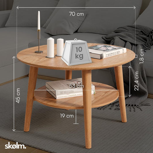 Skølm Mjölnir coffee table round - living room table wood - high-quality side table for living room - coffee table made of solid oak wood, dark oiled natural - sofa table with shelf - coffee table Ø70 cm.