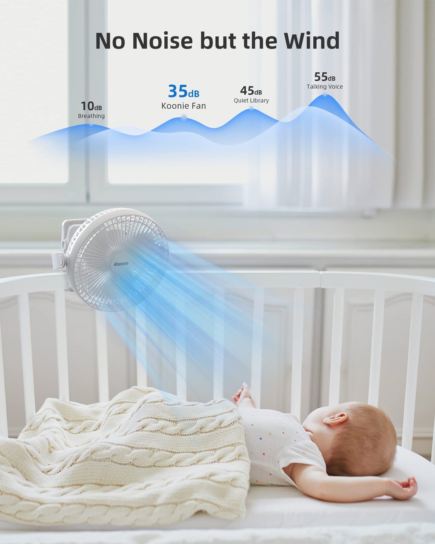Koonie 20cm Portable Clip-On Fan, USB Table Fan with 10,000mAh Battery, 4 Speeds, Rechargeable Table Fan for Home, Office, Stroller, Camping (White)