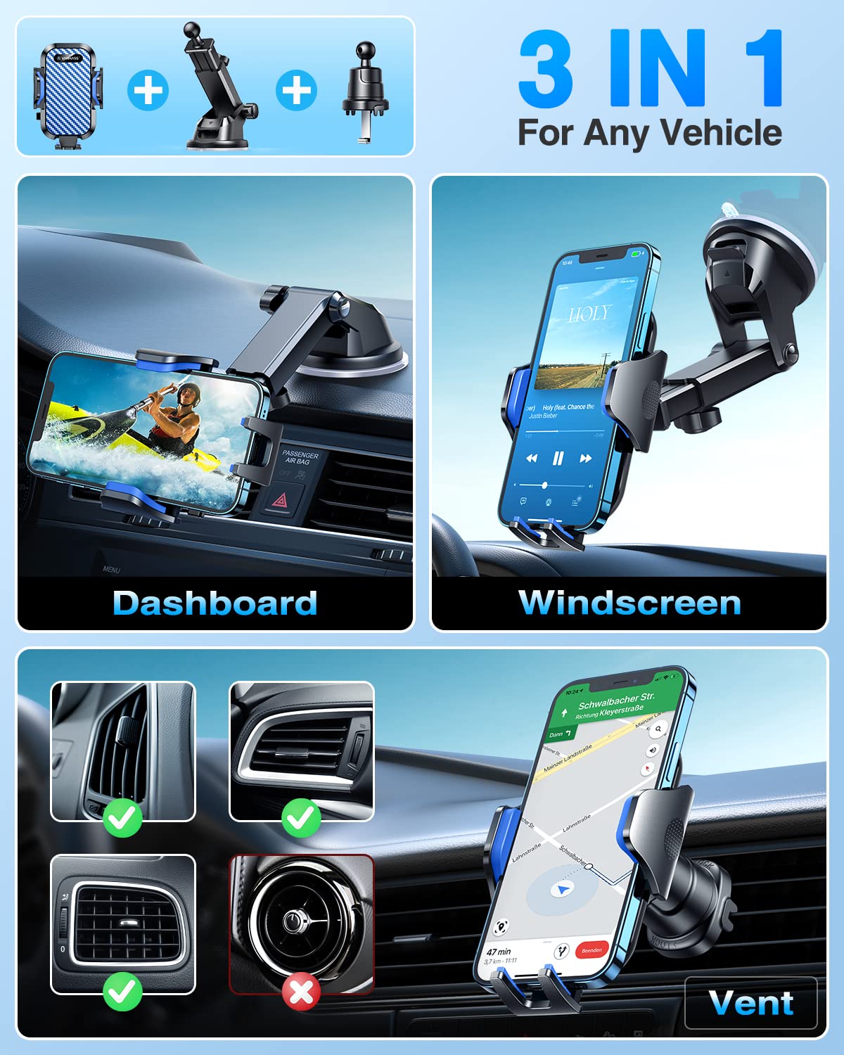 VANMASS Car Phone Mount 2025 Upgrade Suction Cup & Vent Clip 4 in 1 Phone Holder Military-Grade Protection Smartphone Mount on Windshield for iPhone 16 15 14 13 Pro Max Samsung, etc.
