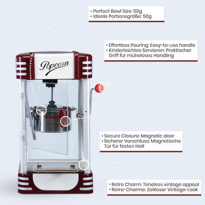 Jago® Popcorn Machine Retro - 60L/h, 200g/10min, Stainless Steel Pot, for salty popcorn - 50s style, Pro Popcorn Maker, Preparer, Machine