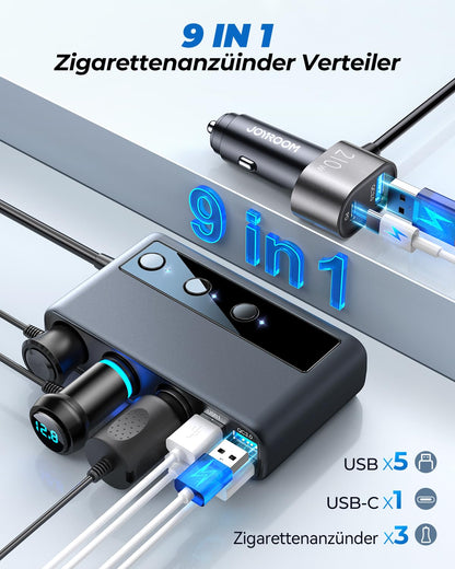 JOYROOM 210W cigarette lighter distributor, 【2025 Upgrade】car charger adapter, 3 way 12V/24V plug charging cable splitter with 36W PD & 5 USB ports for iPhone 17/iPad/Dashcam/GPS/seat heater.