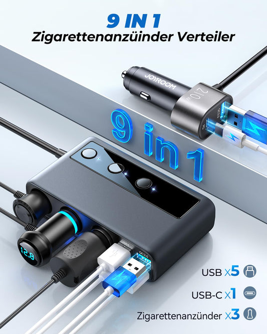 JOYROOM 210W cigarette lighter distributor, 【2025 Upgrade】car charger adapter, 3 way 12V/24V plug charging cable splitter with 36W PD & 5 USB ports for iPhone 17/iPad/Dashcam/GPS/seat heater.