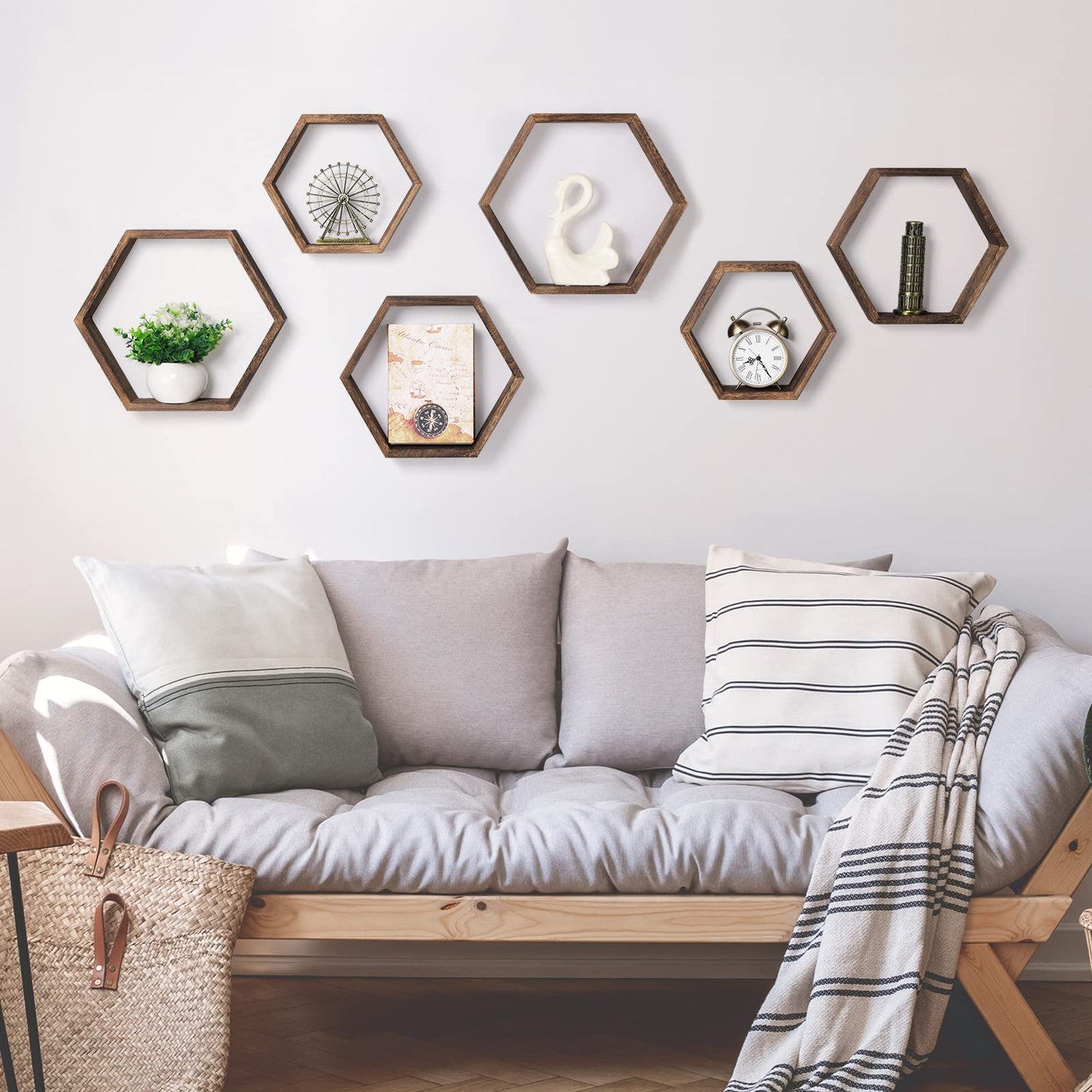 YBING Floating Hexagon Shelf Wooden Wall Shelf (Brown-6 Pack)