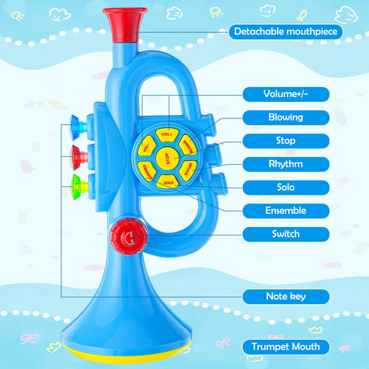 Children's trumpet toy, Luckits Portable Trumpet Horn with Music, Plastic Kids Trumpet Toy with Light Music, Song List, Trumpet Toy Gift for Boys Girls (Blue)