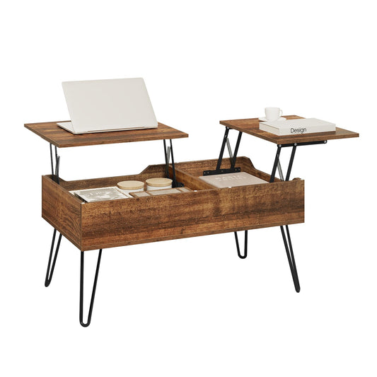 WOLTU coffee table, height-adjustable living room table, extending, retractable coffee table, separate hidden storage compartment, double lifting plate, vintage brown sofa table, wood composite, metal.