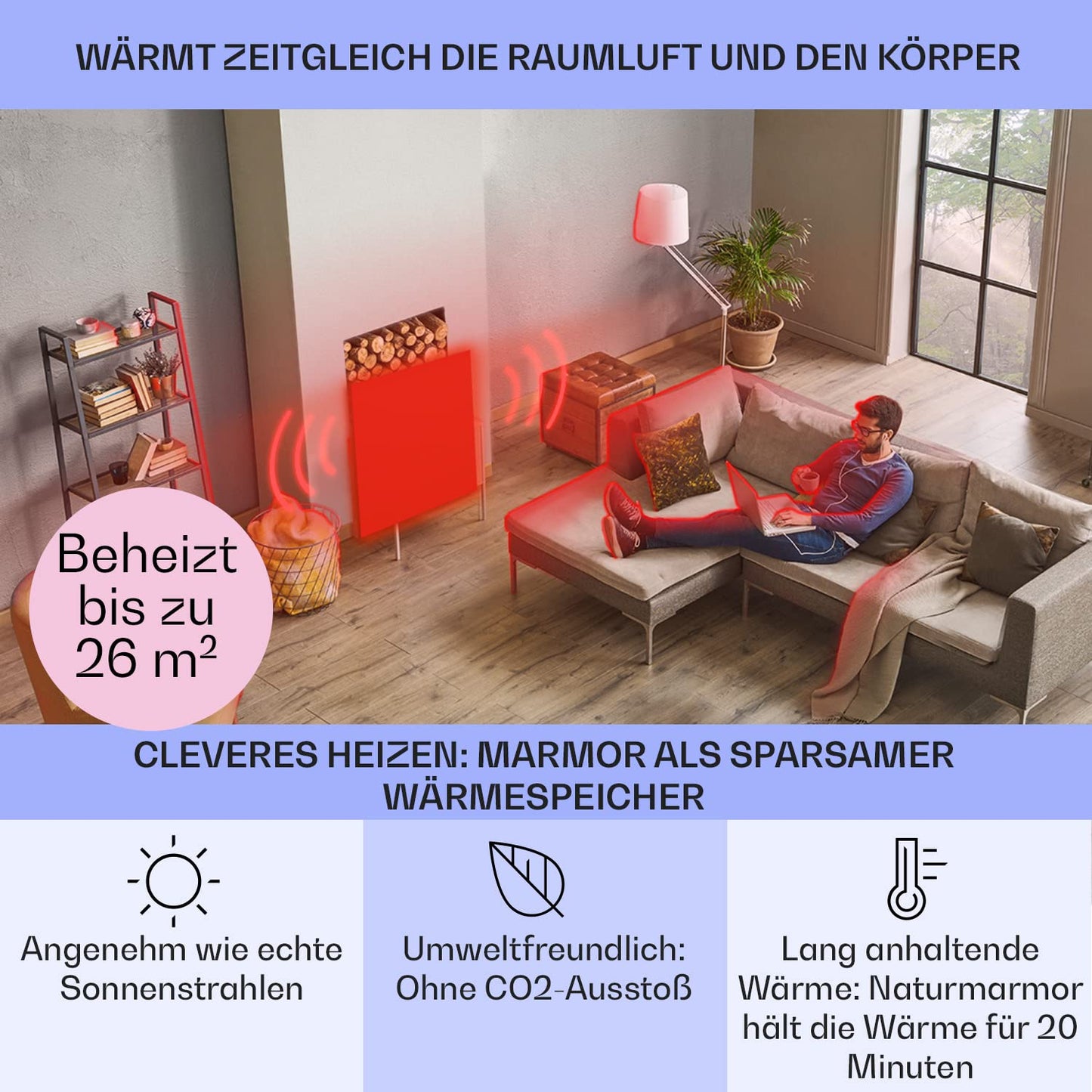 KLARSTEIN HeatPal - Electric heater, extra slim design, infrared heating, heating panel, 1300 W, up to 30 m², heat retention, marble plate - brushed aluminum
