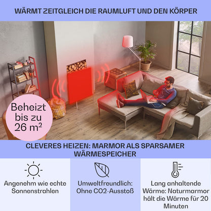 KLARSTEIN HeatPal - Electric heater, extra slim design, infrared heating, heating panel, 1300 W, up to 30 m², heat retention, marble plate - brushed aluminum