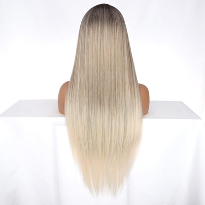 PORSMEER Ombre Blonde Wig Long Straight Lace Front Wigs for Women/Girls Natural Synthetic Brown Blonde Mix Wig for everyday wear or costume.