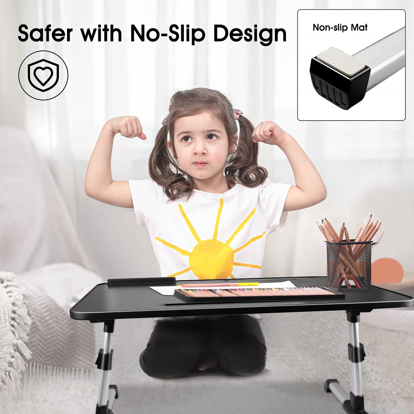 AirOpen laptop desk for bed, height adjustable, angle adjustable, folding bed table with drawer, tablet stand, laptop table for bed, sofa, couch, floor (53 x 30 cm, black)