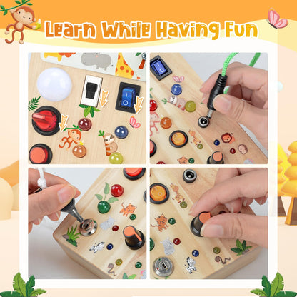 Arizona Busy Board for 1 year old and up, Montessori toy with LED lights, wooden activity board for boys and girls 1-4 years, perfect gifts for birthdays, Children's Day, and Christmas (Jungle theme).