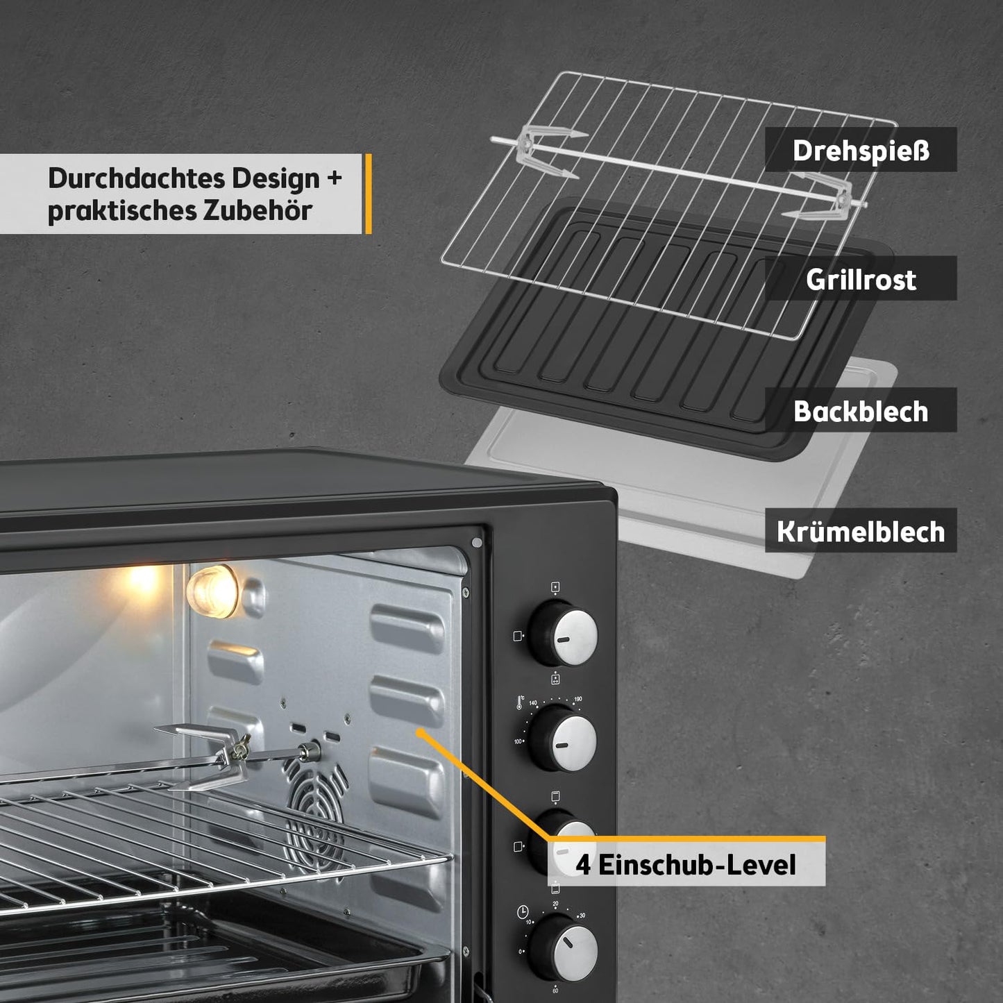 TZS First Austria - Mini Oven 60L 2000W - Mini Oven Pizza Oven Temperature control up to 230°C & 6 modes - Spacious mini oven with 60 Min. Timer, 4 rack heights, baking tray, grill rack & rotisserie