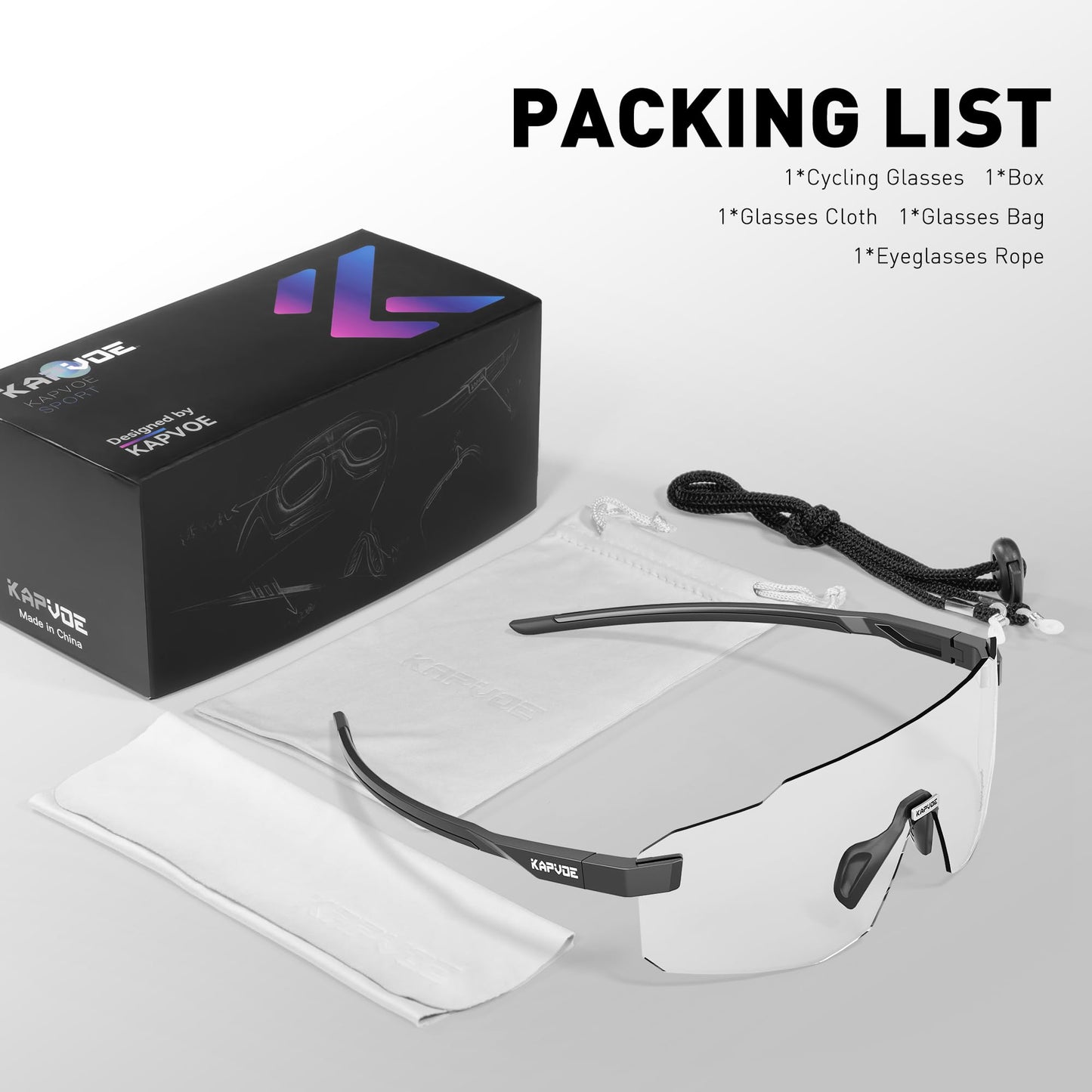 KAPVOE photochromatic self-tinting cycling glasses for men and women. Clear road bike glasses, MTB sports glasses. UV400 protection, frameless transparent lenses for outdoor sports. K341.