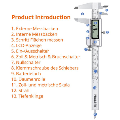 Proster Digital Caliper 6 Inch / 150mm + 32 Feeler Gauge Digital Vernier Caliper Electronic Measuring Tool Inch/Fractions/Metric Caliper for Length Width Depth Inner/Outer Diameter